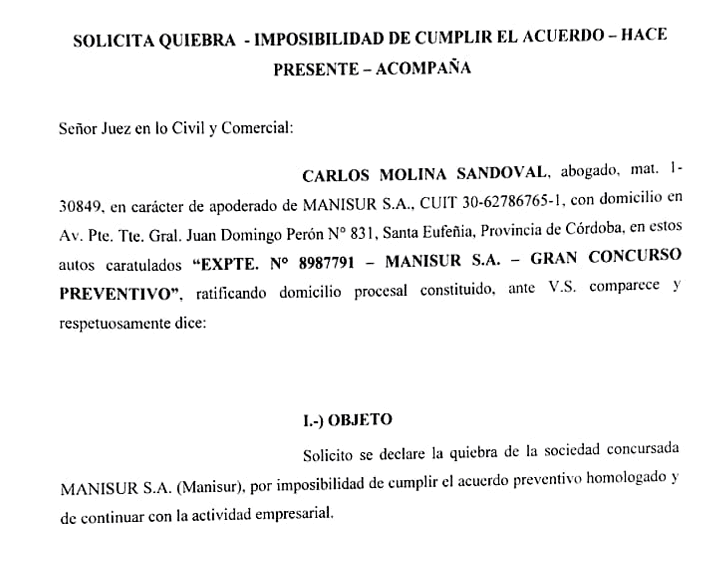 Manisur, histórica industria manisera cordobesa, pidió su propia quiebra al quedarse sin materia prima y no poder pagar la factura de luz