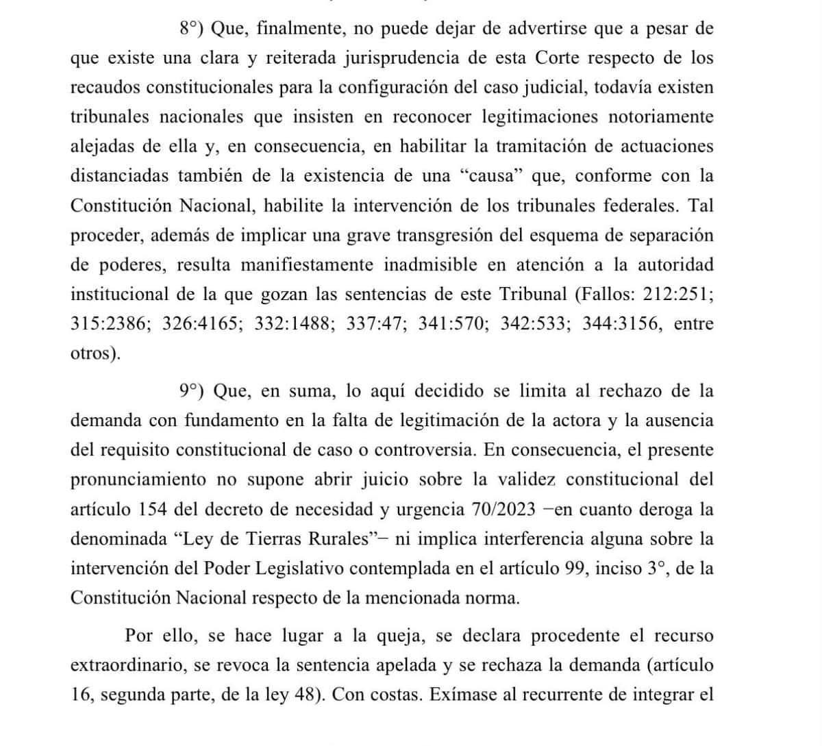 ¿Y ahora? La Corte Suprema restituyó un artículo del DNU de Milei en el que se derogaba la Ley de Tierras: Ya no hay límite para la venta a extranjeros