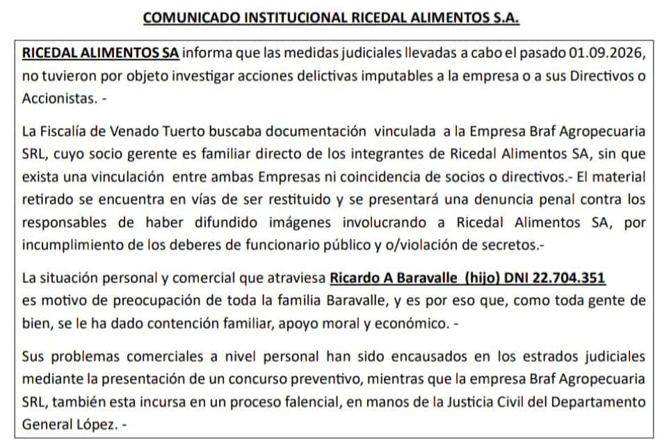 Ricedal Alimentos salió a aclarar que no tiene vínculos societarios con el integrante de la familia Baravalle que generó un default superior a 6000 millones de pesos, aunque aseguran que “se le ha dado apoyo moral”