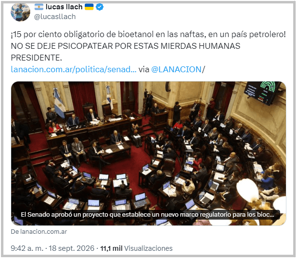 Educando a Lucas Llach: Los biocombustibles no son un “curro” promovido por “mierdas humanas”