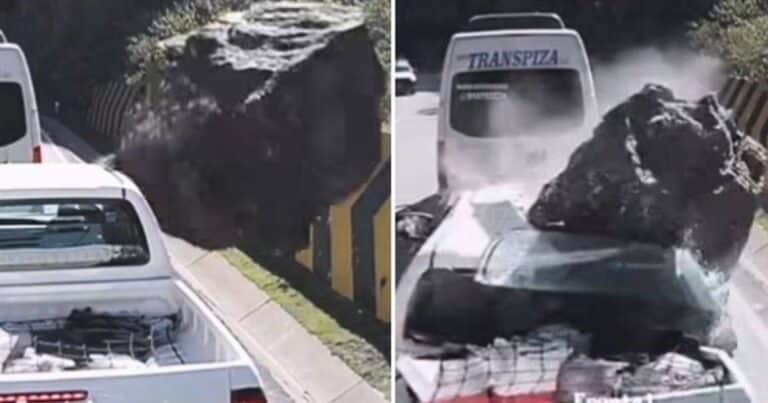 «Destino Final» en Perú: una enorme roca aplastó a una camioneta que estaba atascada por el tráfico y tres de sus ocupantes murieron en el acto