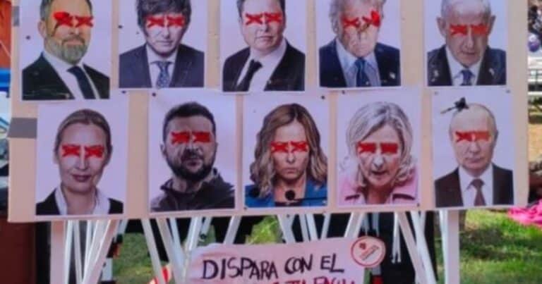 «Dispara con el dardo», polémica en España porque grupos de izquierda montaron un tiro al blanco contra Javier Milei, Donald Trump y Giorgia Meloni