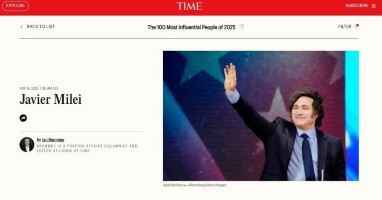 Javier Milei fue elegido por la revista TIME como una de las 100 personas más influyentes de 2025