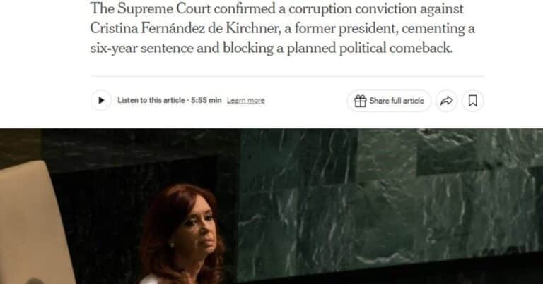 The New York Times reflejó el fallo de la Corte contra Cristina Kirchner: “Un titán político en Argentina es condenado a prisión”
