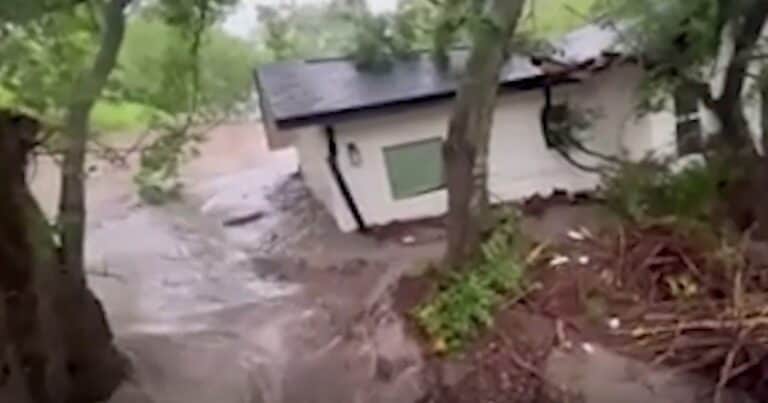 El impactante video de una casa con un gato adentro que es arrastrada por la inundación en Texas