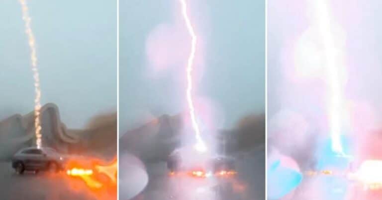 Un video captó el impresionante instante en que un rayo cae sobre un auto en movimiento