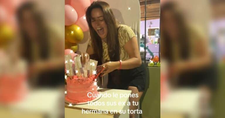 Sorprendió a su hermana con una polémica torta decorada con fotos de sus ex y el video causó furor en redes