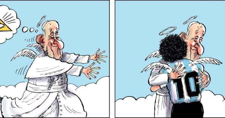 Dos humoristas españoles ganaron el mundial de comic con una viñeta del Papa Francisco y Maradona