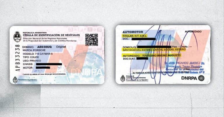 Una cédula azul de un Porsche demuestra otro vínculo de Pablo Toviggino con la mansión de Pilar