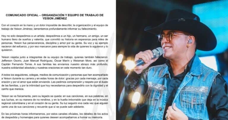 El comunicado que publicó el equipo de Yeison Jiménez, el cantante colombiano que murió en un accidente aéreo