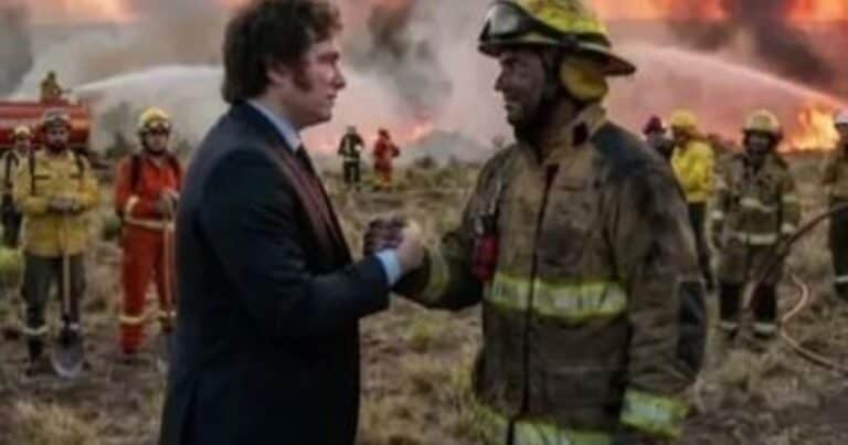 Milei no viajó a la zona de los incendios, pero compartió una imagen hecha con IA que lo muestra saludando a los brigadistas en Chubut