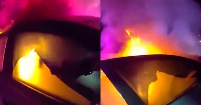Robo, persecución y choque: el impactante video de un auto en llamas y el heroico rescate de un policía