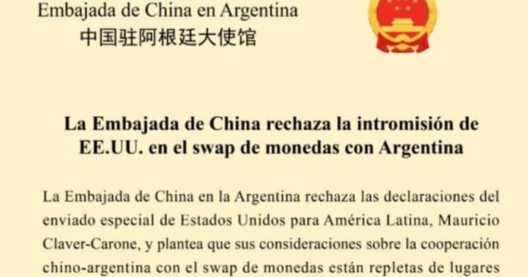 La embajada de China salió a cruzar a Mauricio Claver-Carone por decir que mientras Argentina tenga el swap «no será libre»