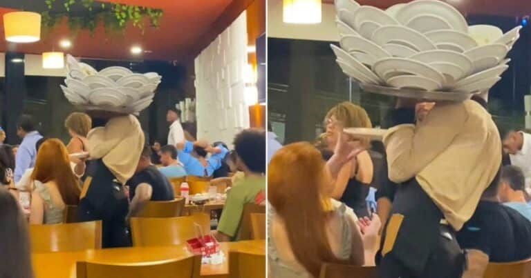 El mozo que asombra: lleva 50 platos y cubiertos en su bandeja sin que caiga nada