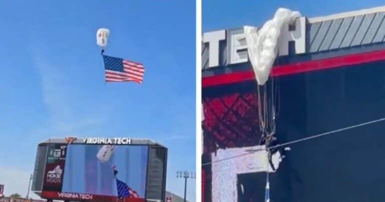Un show que casi termina en tragedia en EE.UU.: un paracaidista fue embolsado por el viento e impactó de lleno contra el tablero electrónico de un estadio