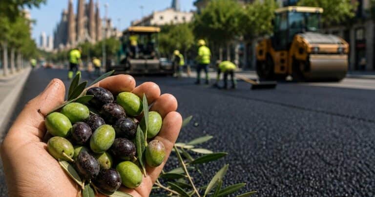 Barcelona va a pavimentar sus calles con carozos de aceituna: reduce un 76% las emisiones y el material dura más que el asfalto común