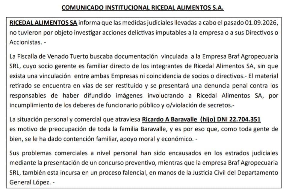 Ricedal Alimentos salió a aclarar que no tiene vínculos societarios con el integrante de la familia Baravalle que generó un default superior a 6000 millones de pesos, aunque aseguran que “se le ha dado apoyo moral”