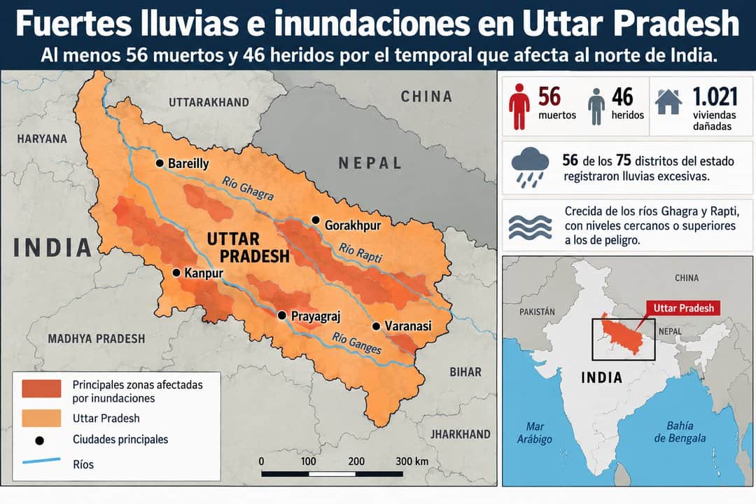 Al menos 56 muertos y 46 heridos por fuertes lluvias e inundaciones en India
