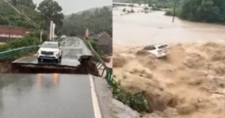 Impactante video: un auto fue arrastrado por un río tras el derrumbe de un puente en China