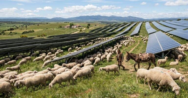 Una granja solar contrató a 2000 ovejas y un burro guardián para que los paneles solares generaran energía