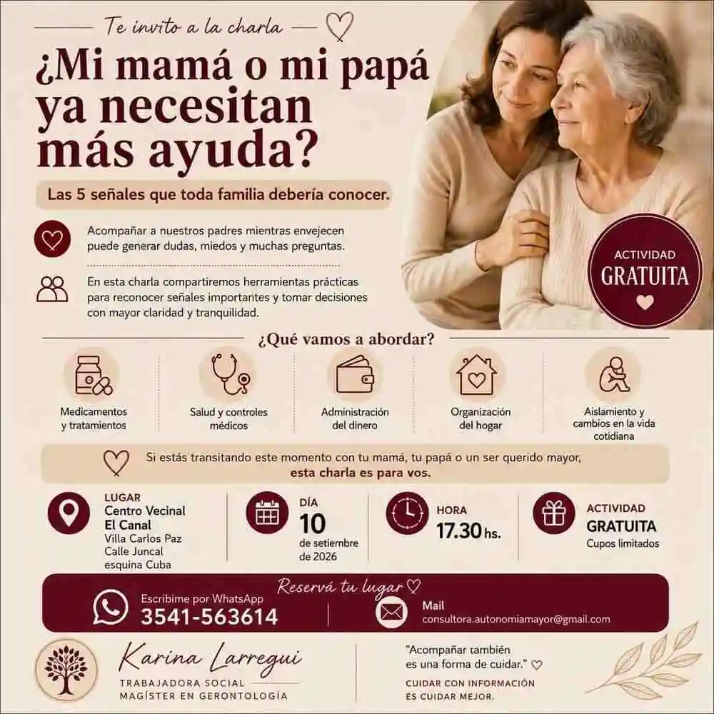 Una charla gratuita brindará herramientas para acompañar a personas mayores y reconocer cuándo necesitan más ayuda
